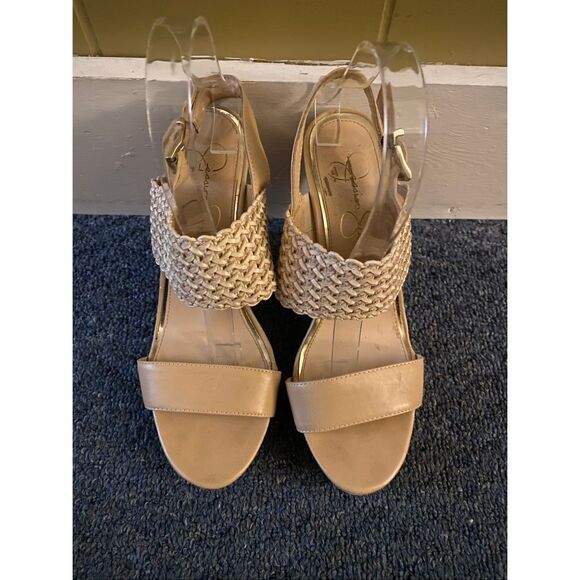 Jessica Simpson women 8 open toe cork 5” wedge strap tan sandals - Picture 4 of 11